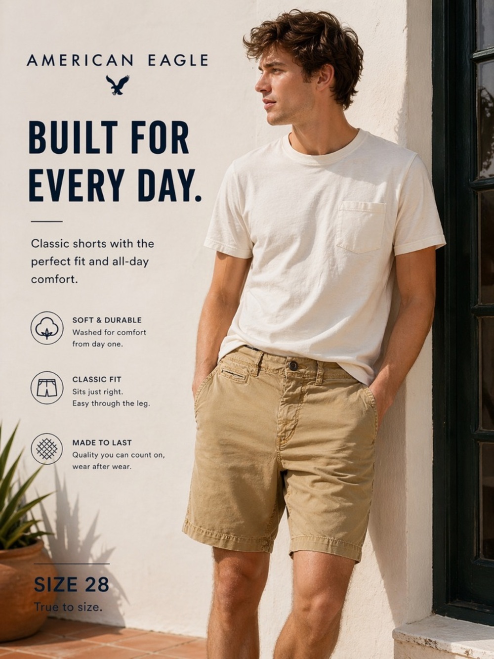 American Age Men’s Tan Flat Front Cotton Shorts size 28